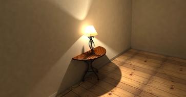 wooden table with a lamp near the wall