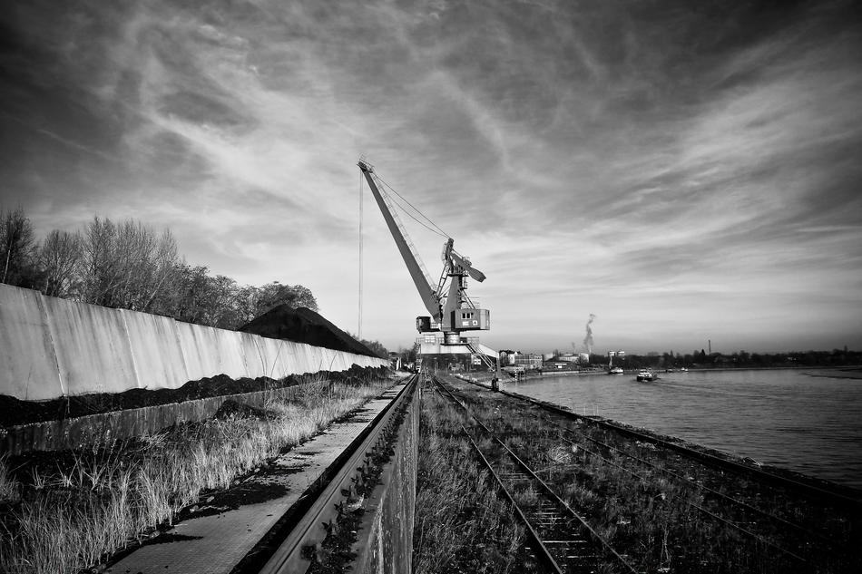 Black and white landscape of the port, with the crane and plants, under the clouds, in Düsseldorf, Germany