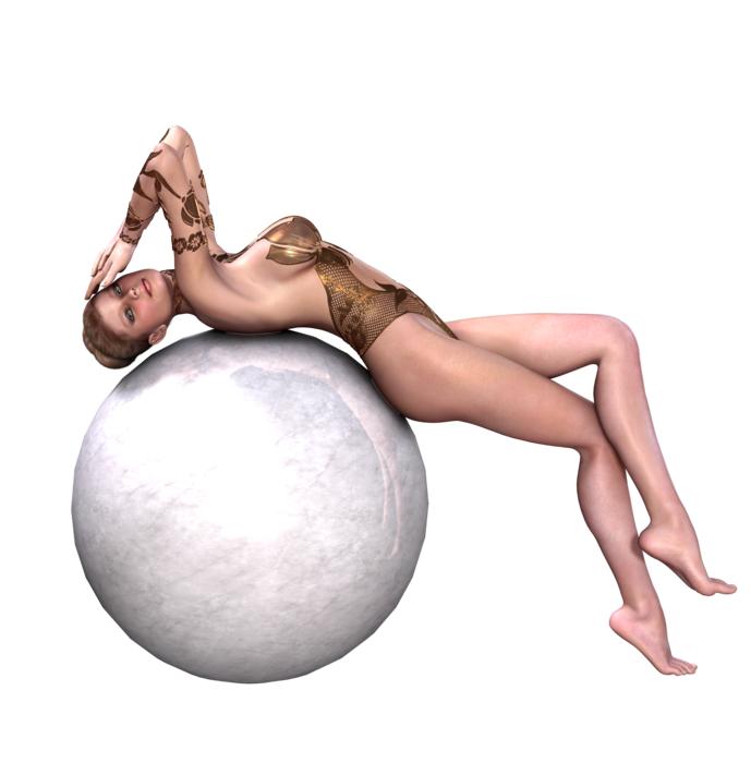 Girl posing on the white ball at white background
