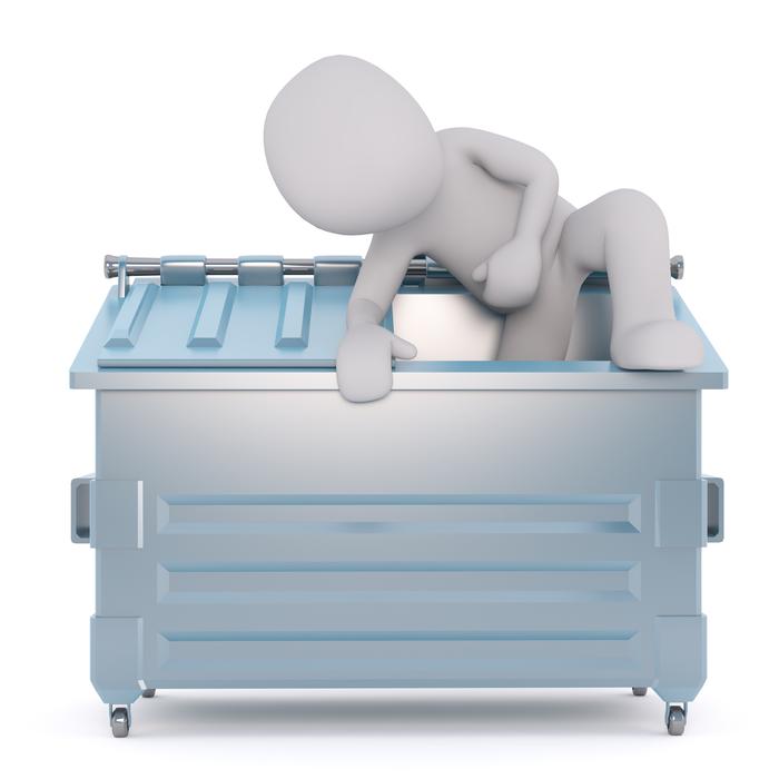 white male on garbage can