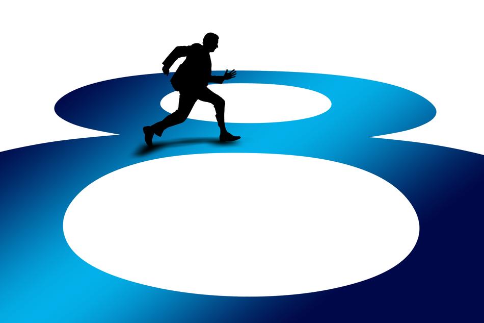 Infinite running person silhouette on the blue '8' number at white background