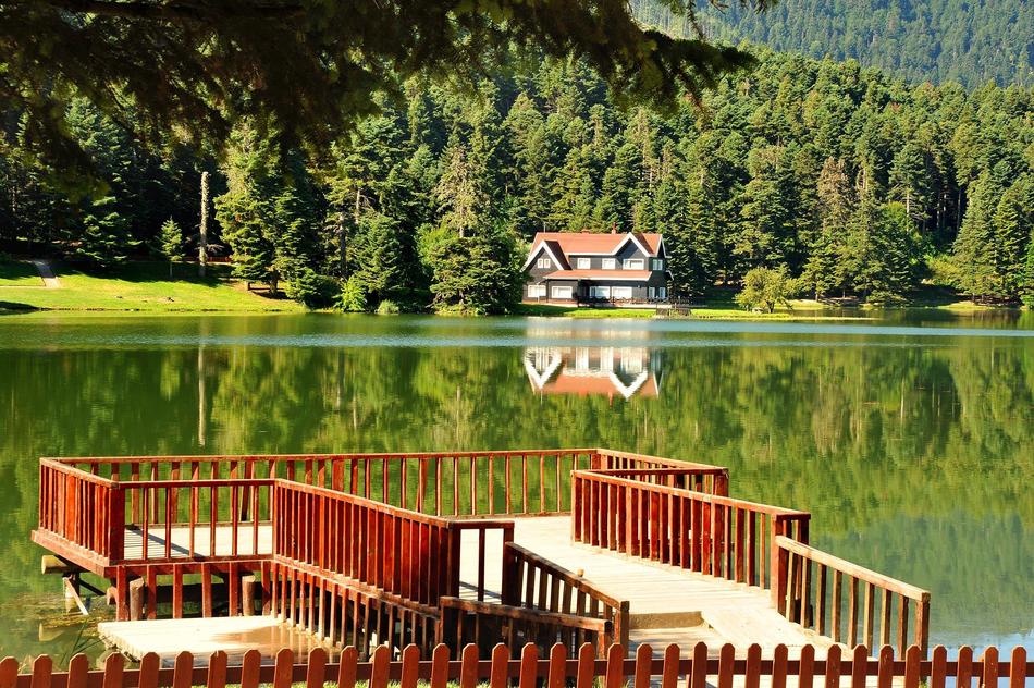 wooden bridge overlooking the lake and the house