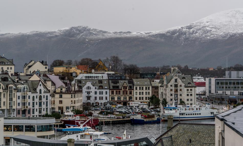 Coastal town an snow-capped Mountains, Norway, Alesund