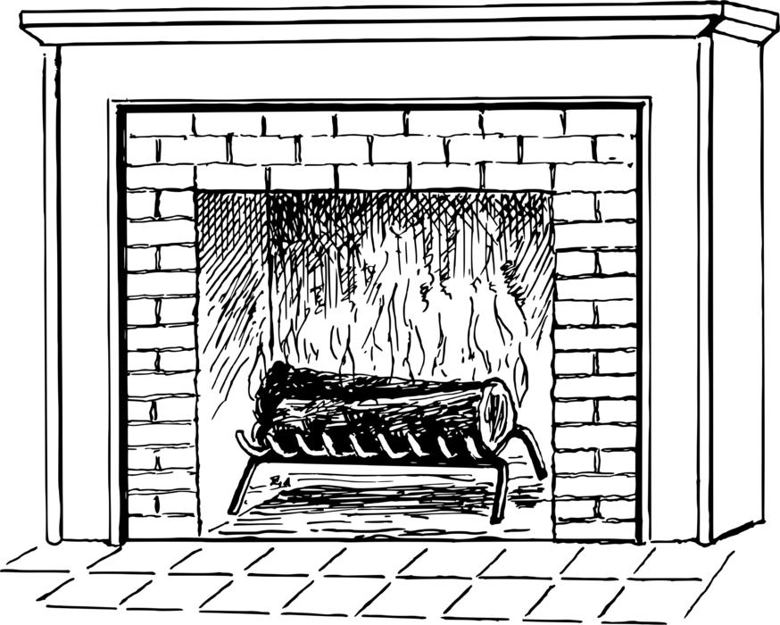 drawing of a stove with a log burning