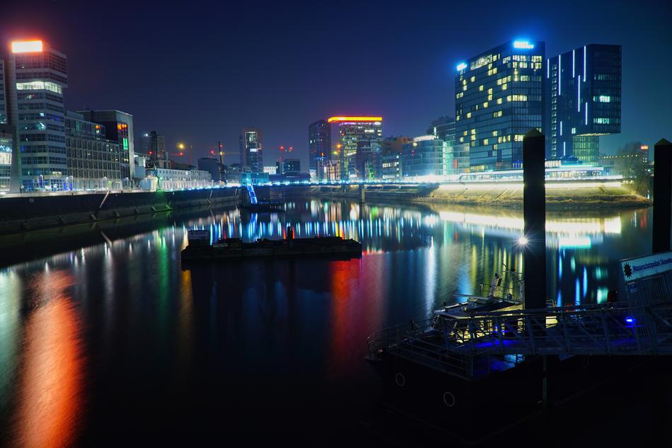 night panorama of the harbor in Dusseldorf