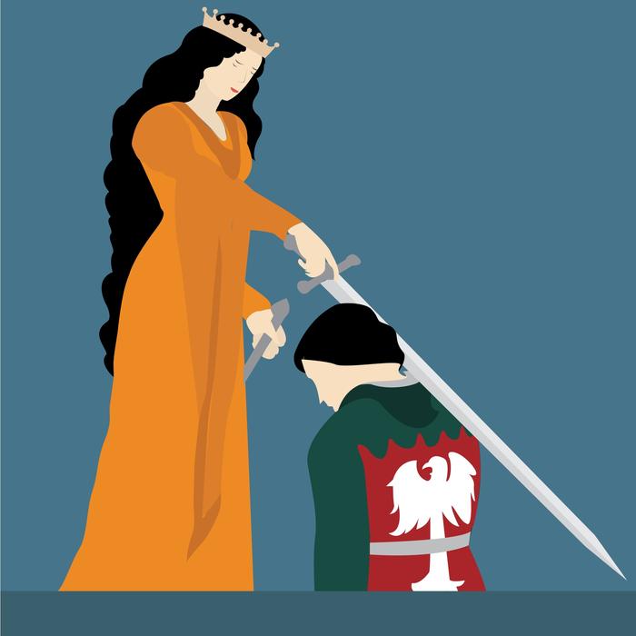 queen touch knight’s shoulder with sword, drawing