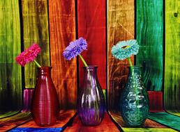 colored glass vases with flowers