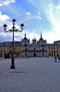 Beautiful landscape of the square with lantern and buildings in Ponferrada, Spain