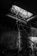 interior of an abandoned house in black and white