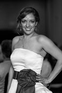 Black and white photo of the smiling Irish girl in wedding dress