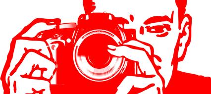 Red and white drawing of a man with camera