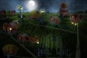 drawing of a night village