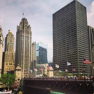 flags on bridge in Downtown, usa, illinois, chicago