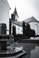 black and white photo of a church in Kecskemet, Hungary