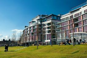 contemporary Building with purple windows in City