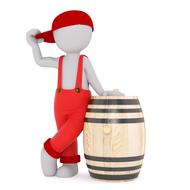 Model of man in overalls near a wooden barrel