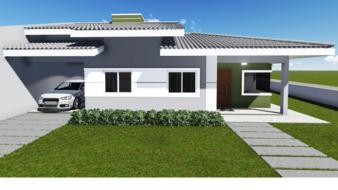 Project of the house, with the car, among the colorful fields, at blue sky with clouds, clipart
