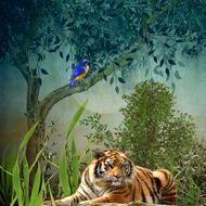 colorful bird on tree trunk and tiger resting beneath tree, digital art