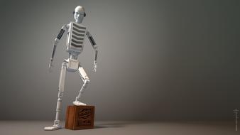 3d model of the robot, standing on the brown cube with one leg, clipart