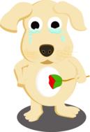 cartoon crying puppy with a rose in his paw