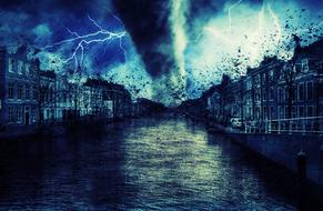 lightning over city at water, digital art