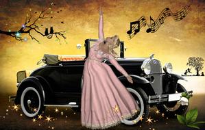 girl in a beautiful dress by a vintage car