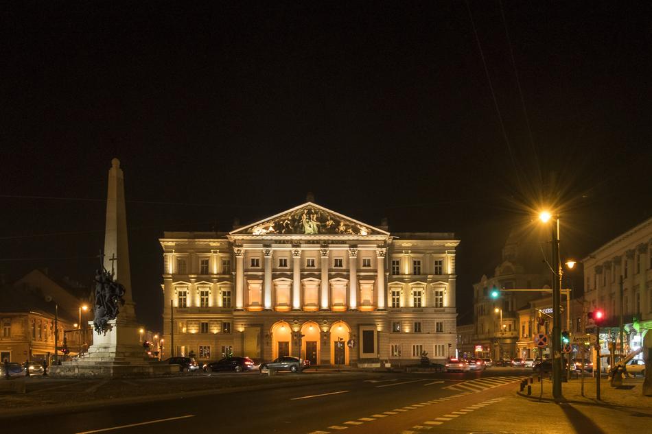 Beautiful theatre, with the colorful lights, at the night, on the street