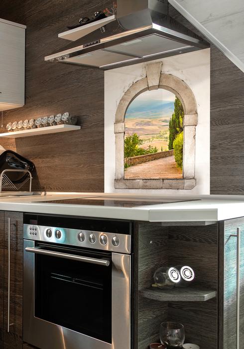 beautiful kitchen with paintings