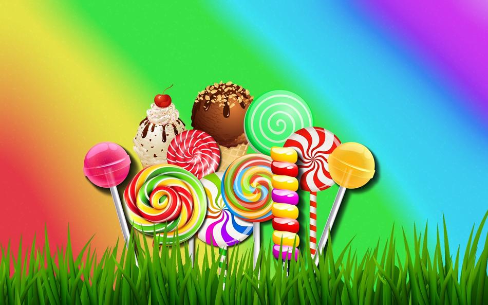 drawn candy and ice cream on a lawn on a rainbow background