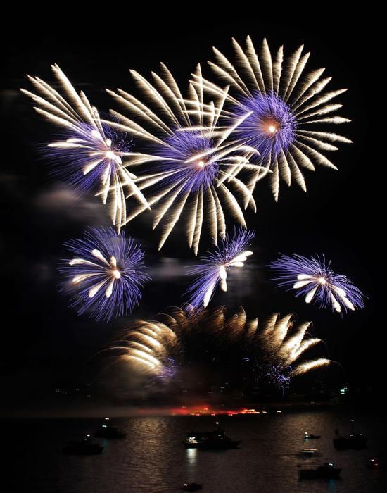 bright lights of fireworks over the sea