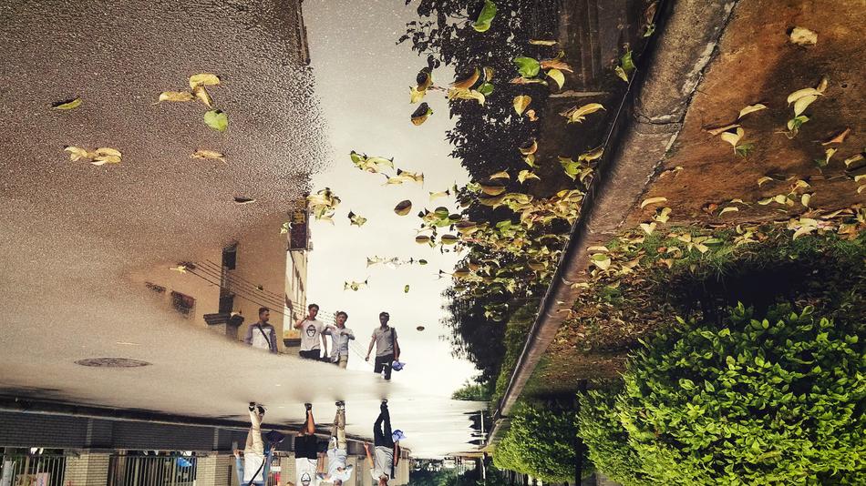 reflection of people in a puddle on the road