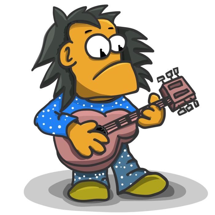Funny drawing of a musician with a guitar