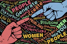 problems and solutions, word cloud and pointing hands, drawing