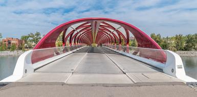 red roofed bridge in the park