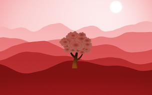 drawing of tree on red mountains and sun