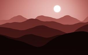 bright sun over dark red mountains as an illustration