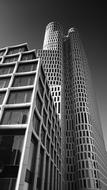 black and white photo of a modern skyscraper in Berlin