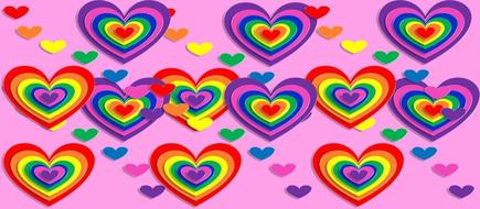 drawn rainbow hearts on a purple background