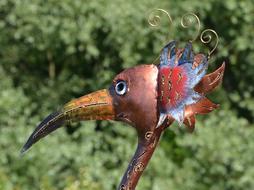 Bird Of Paradise, metal sculpture, garden decoration, head close up