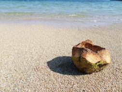 Eating an apple on a sandy beach