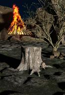 clipart of fire and tree stump in nature background