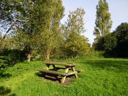 wooden table with a bench on the field