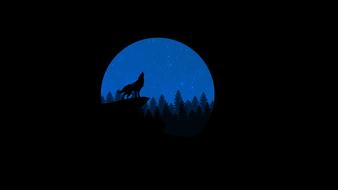 Black silhouette of the wolf howling on the rock among the forest at blue sky in beautiful Moon at black background