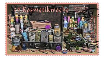 Colorful, vintage stamp with the cosmetics and containers