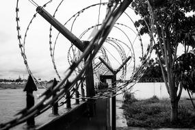 black and white photo of a fence with barbed wire along a pond