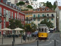yellow streetcar moving through the streets
