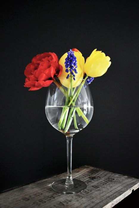 Flowers Wine Glass Bouquet Wooden