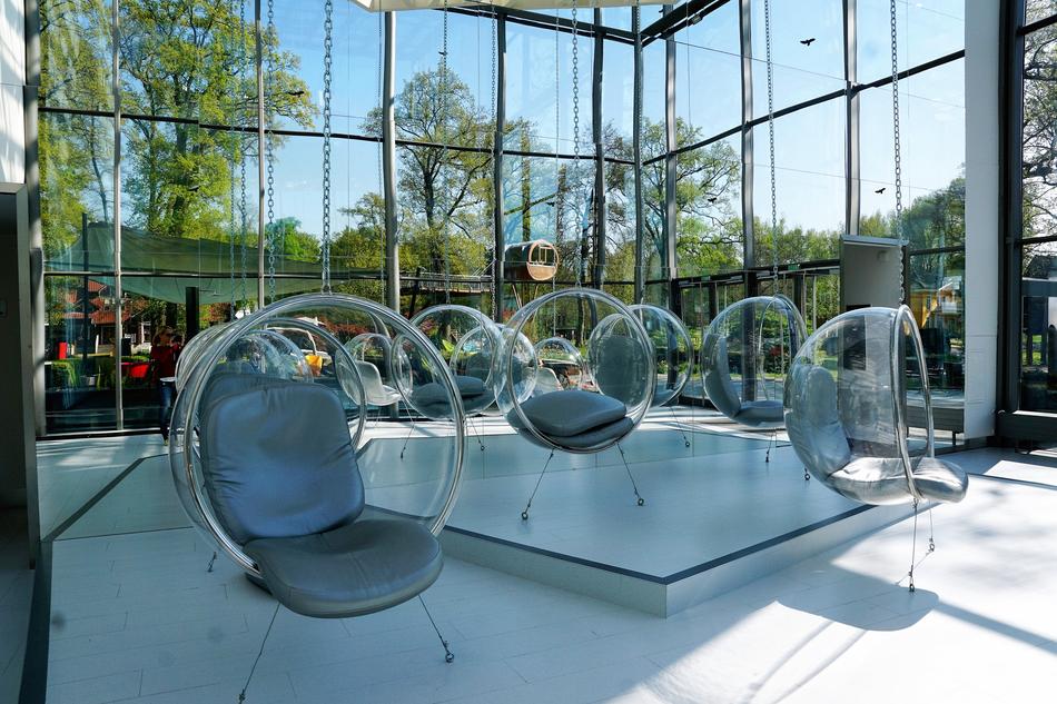 Glass building with seats with glass covers in Rheinau, Germany
