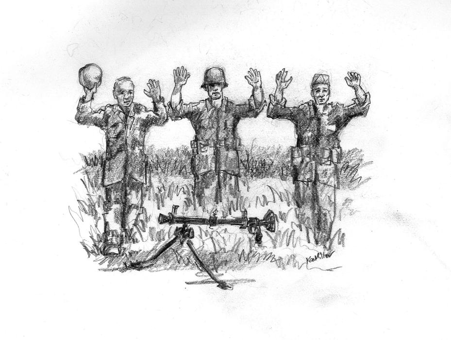 drawing of the military with their hands in the air