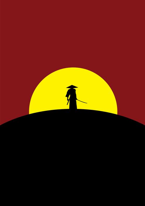 silhouette of a samurai on a background of yellow sun and red sunset